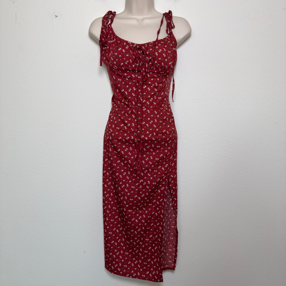 Women Indie Grunge Milkmaid Midi Dress XL Red Ditsy Floral Whimsy Coquette